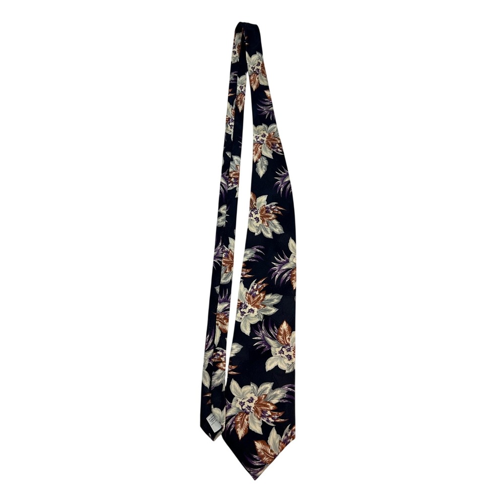 Reed St James Mens Silk Necktie Black Tropical Floral Purple Tan Made in USA